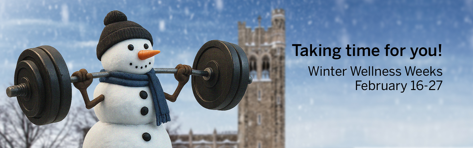 Snowman lifting weights for Winter Wellness Weeks 2026